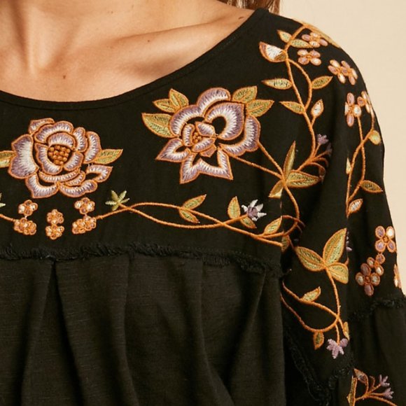 NEW Black Floral Embroidered Pleat BOHO Blouse Top - Picture 8 of 12